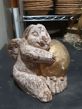 Whitewashed Bunny Sculpture with Gold Egg - Home Art